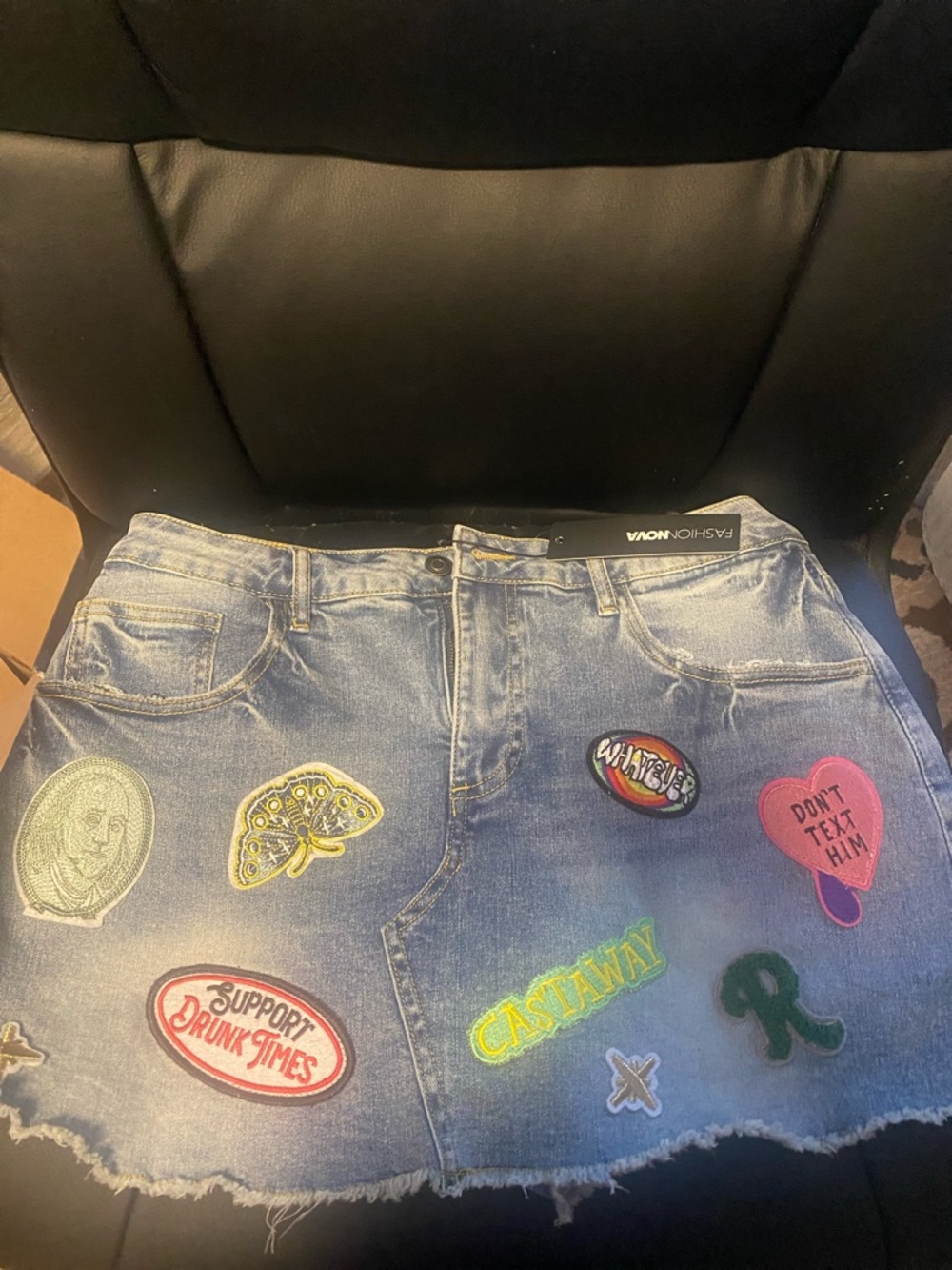 Fashion Nova Denim Patch Mini Skort - Blue denim with Multicolor Patches